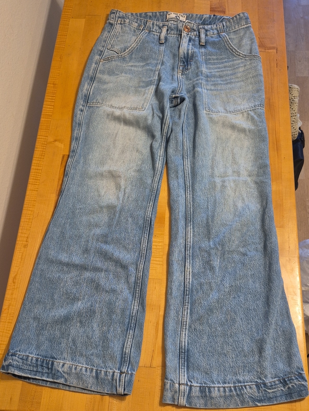 We The People  Blue Denim Squared Pockets High Waisted Loose Leg